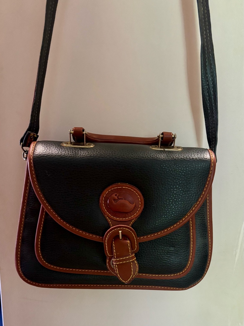 Dooney & Bourke Black Pebbled Leather Satchel with Brown Trim